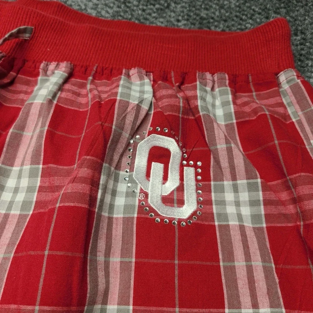 Oklahoma  Women's Pajama Pants Red Plaid Flannel Cotton Waist Size XL Rhinestone